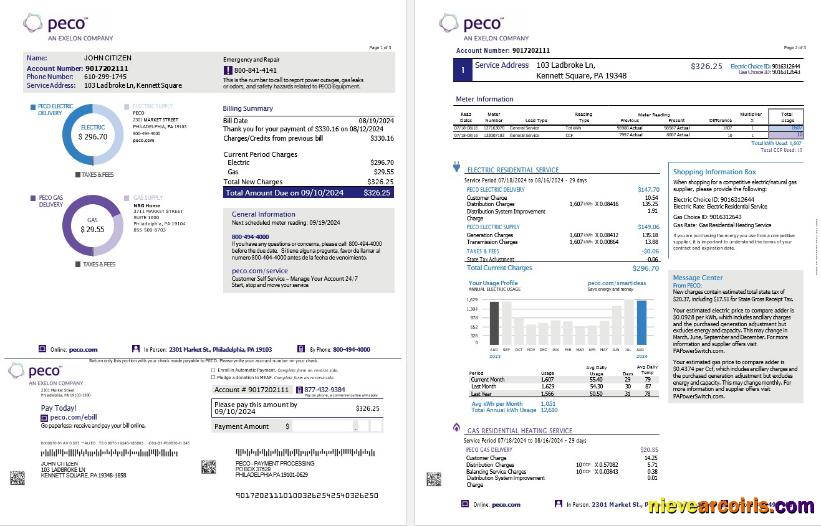 USA Pennsylvania PECO electric and gas utility bill, 3 pages
